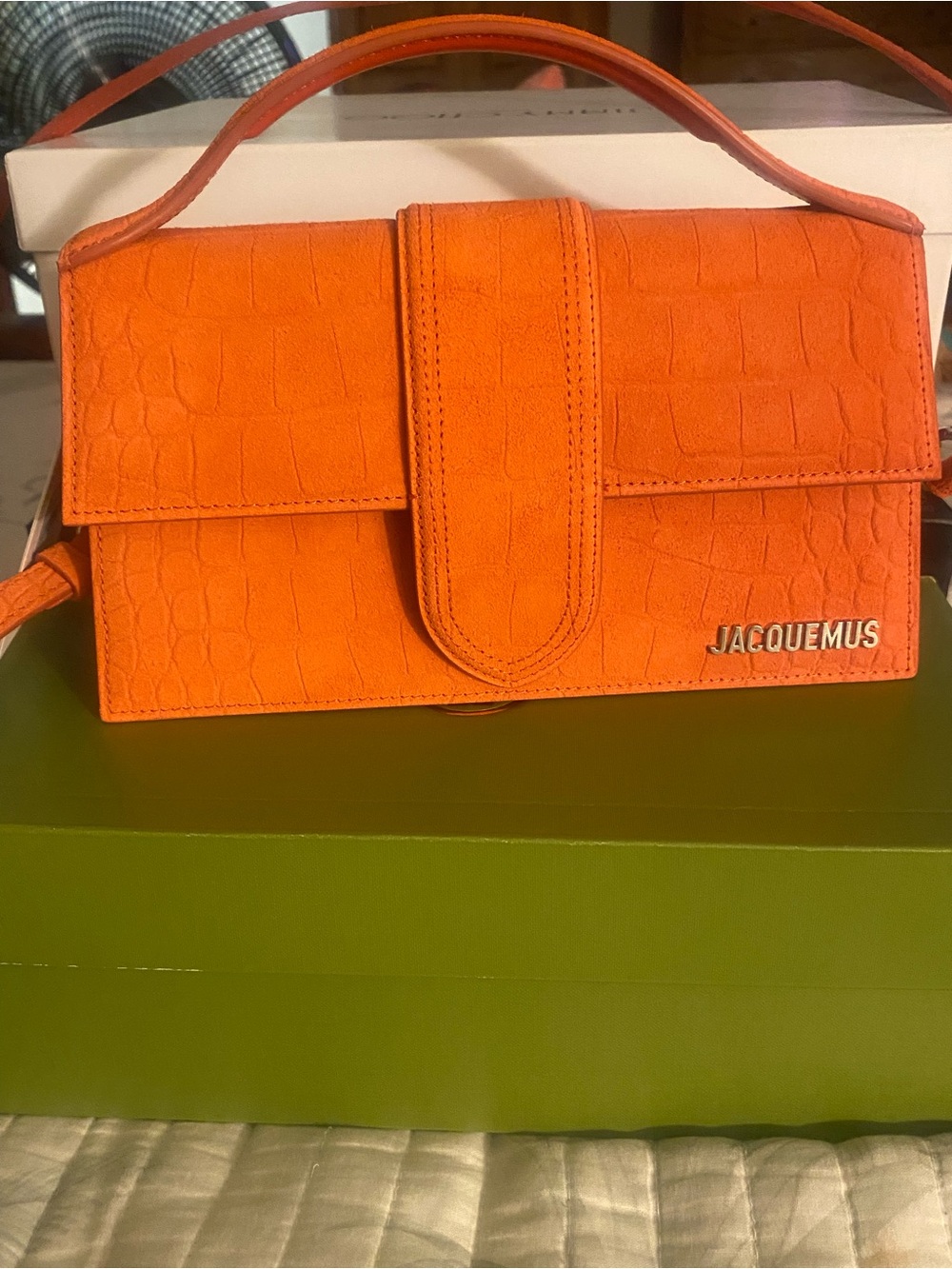Jacquemus Le Grand Bambino Top handle Crossbody Orange Croc-Embossed Suede bag